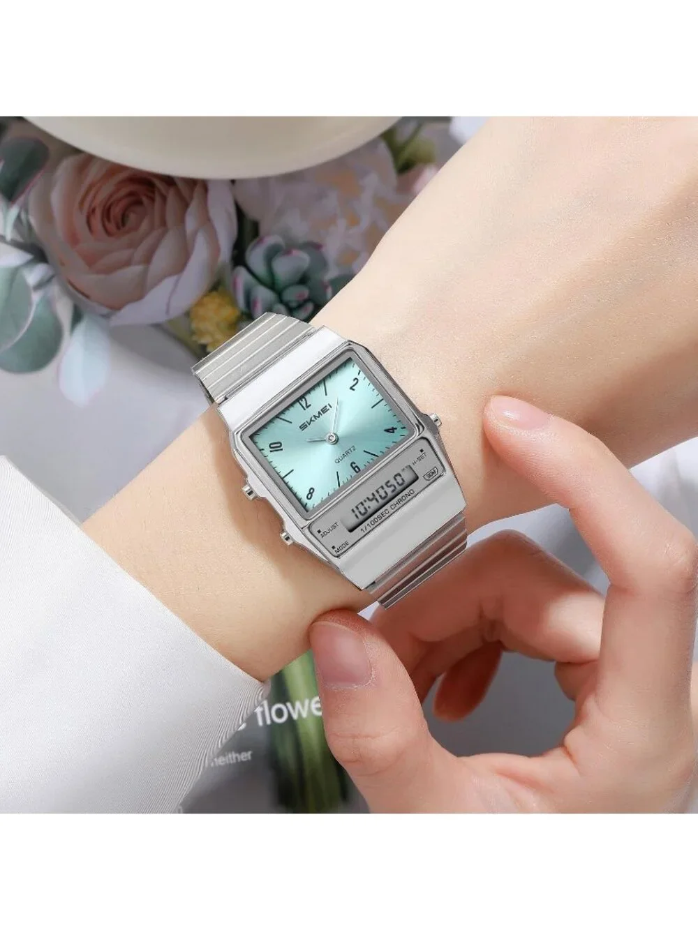 Unisex Silver Blue Digital Analog Retro Square Stainless Steel Stopwatch Watches
